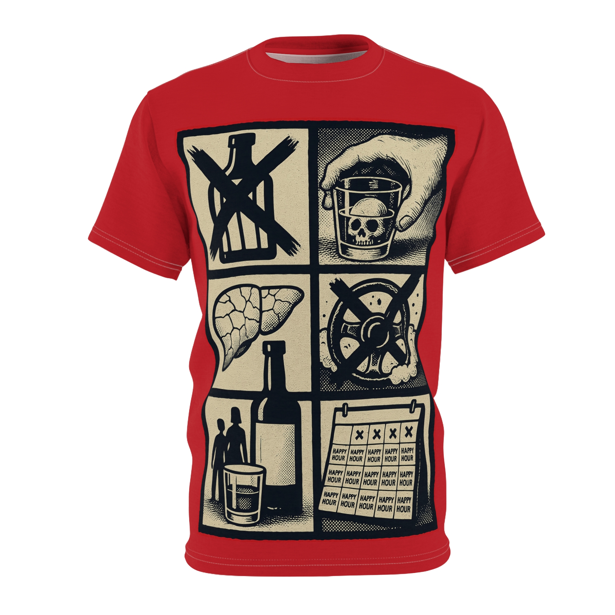 Vintage health poster graphics with a skull in a drink and a liver, on a red all over print t-shirt.