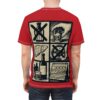 Black and beige panels on a red shirt show a skull in a glass, a liver, and crossed-out alcohol. This is an all over print t-shirt.