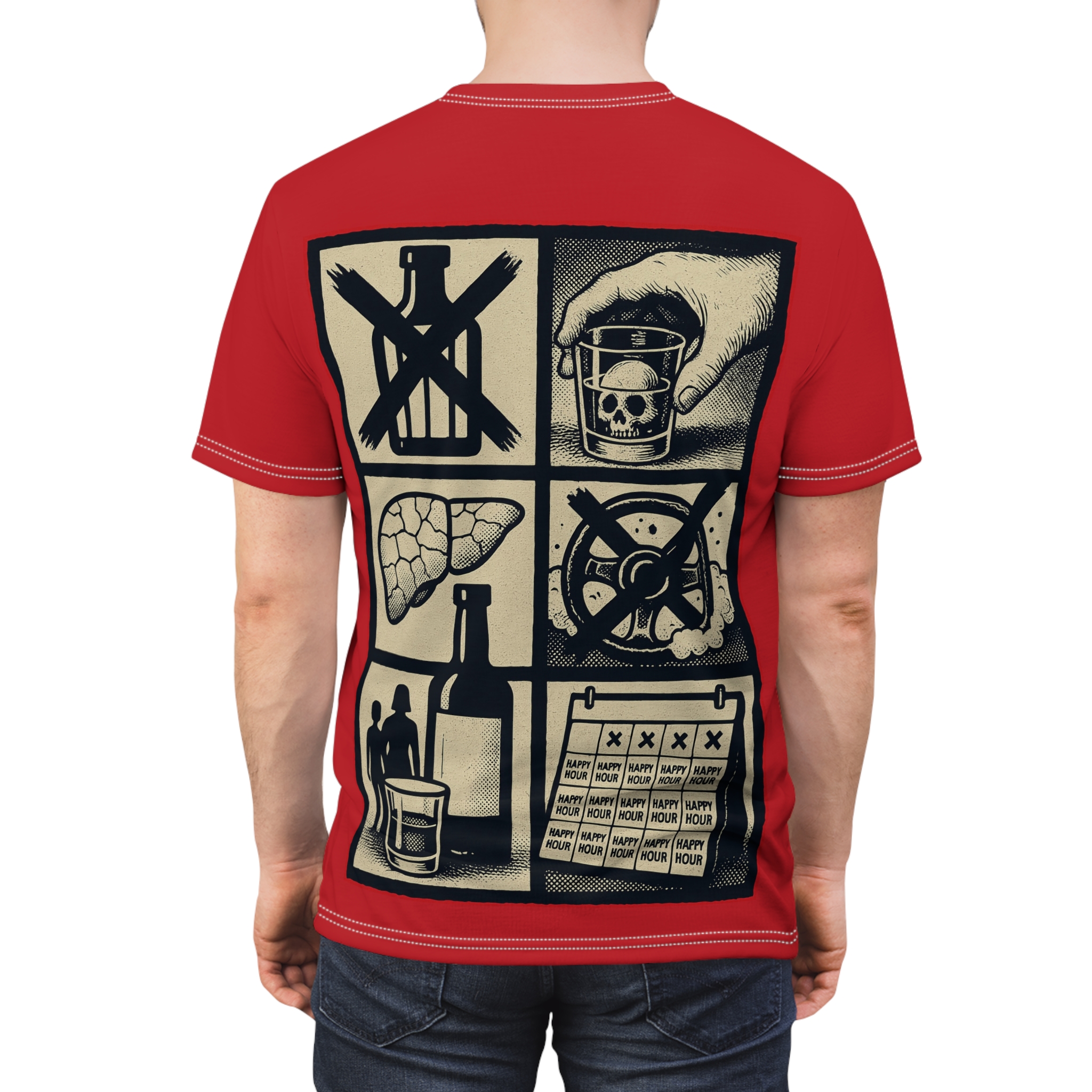Black and beige panels on a red shirt show a skull in a glass, a liver, and crossed-out alcohol. This is an all over print t-shirt.