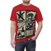 Black and tan comic panels depict alcohol's dangers on a red all over print t-shirt.