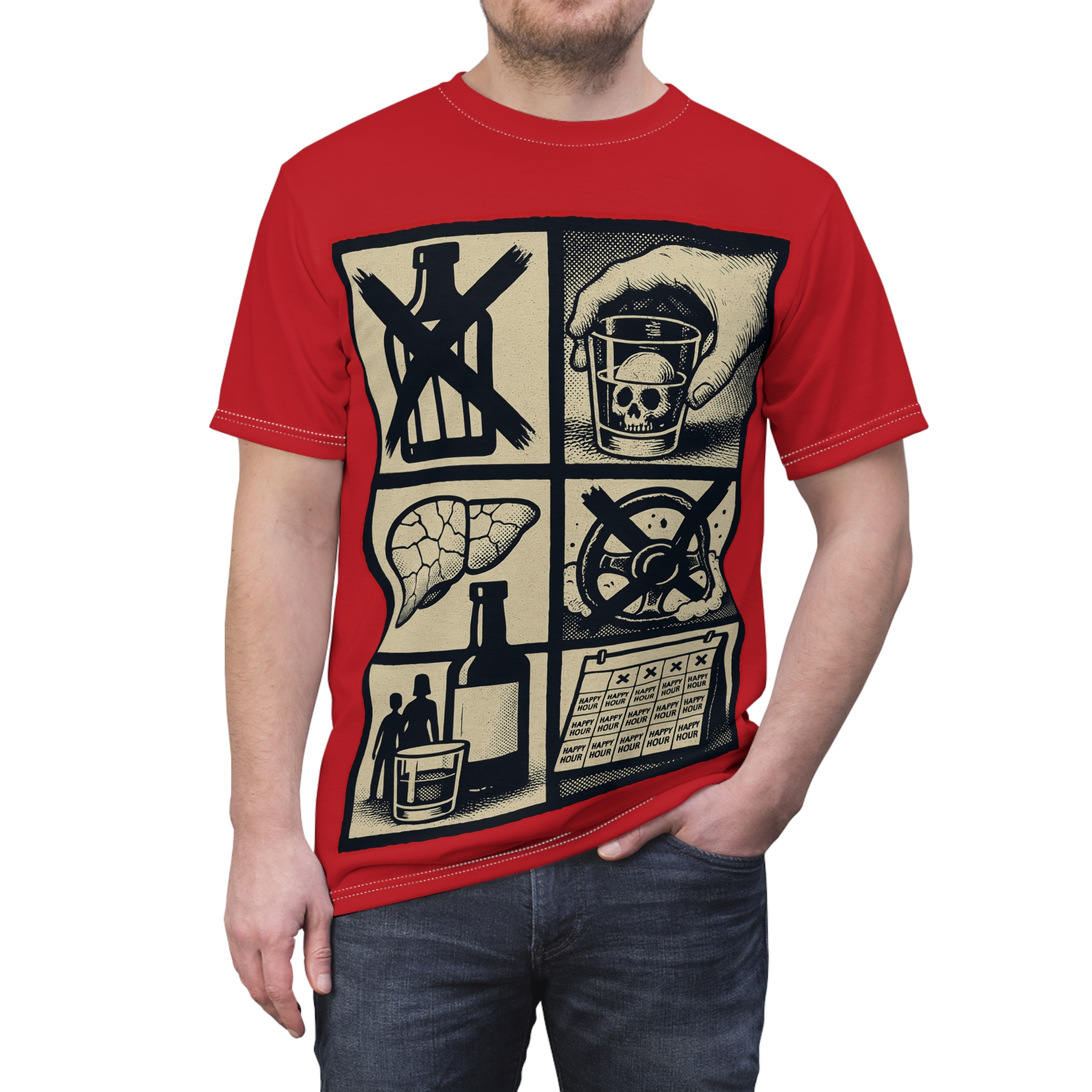 Black and tan comic panels depict alcohol's dangers on a red all over print t-shirt.