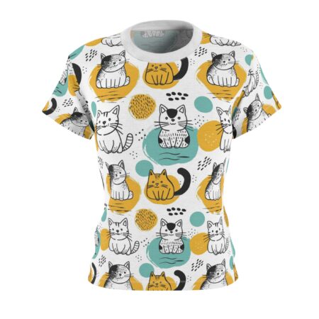 White all over print sublimation tee featuring a cute hand-drawn cat pattern with yellow and teal abstract shapes.