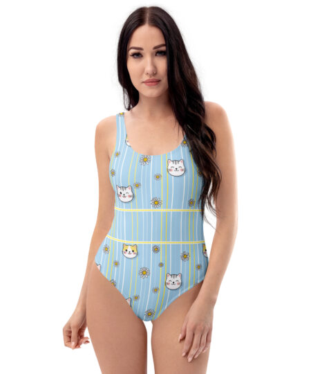 Cute Cat Blue Daisy One-Piece Swimsuit