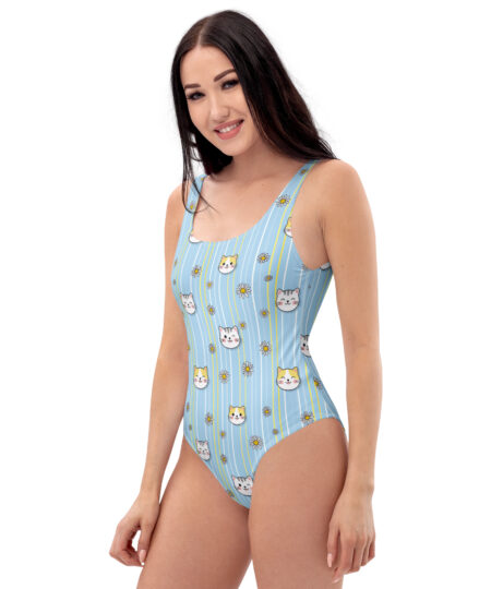 Blue Daisy & Cute Cat Faces Women's  One-Piece Swimsuit