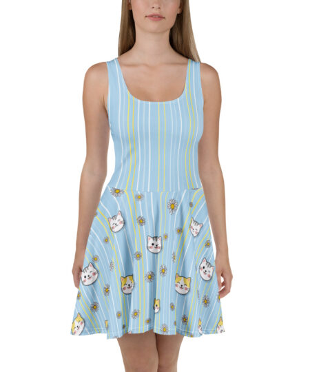 Blue Daisy & Cute Cat Faces Women's Skater Dress