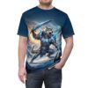 A fierce wolf warrior in icy armor charges across a snowy battlefield, wielding a glowing sword, on this all over print t-shirt.
