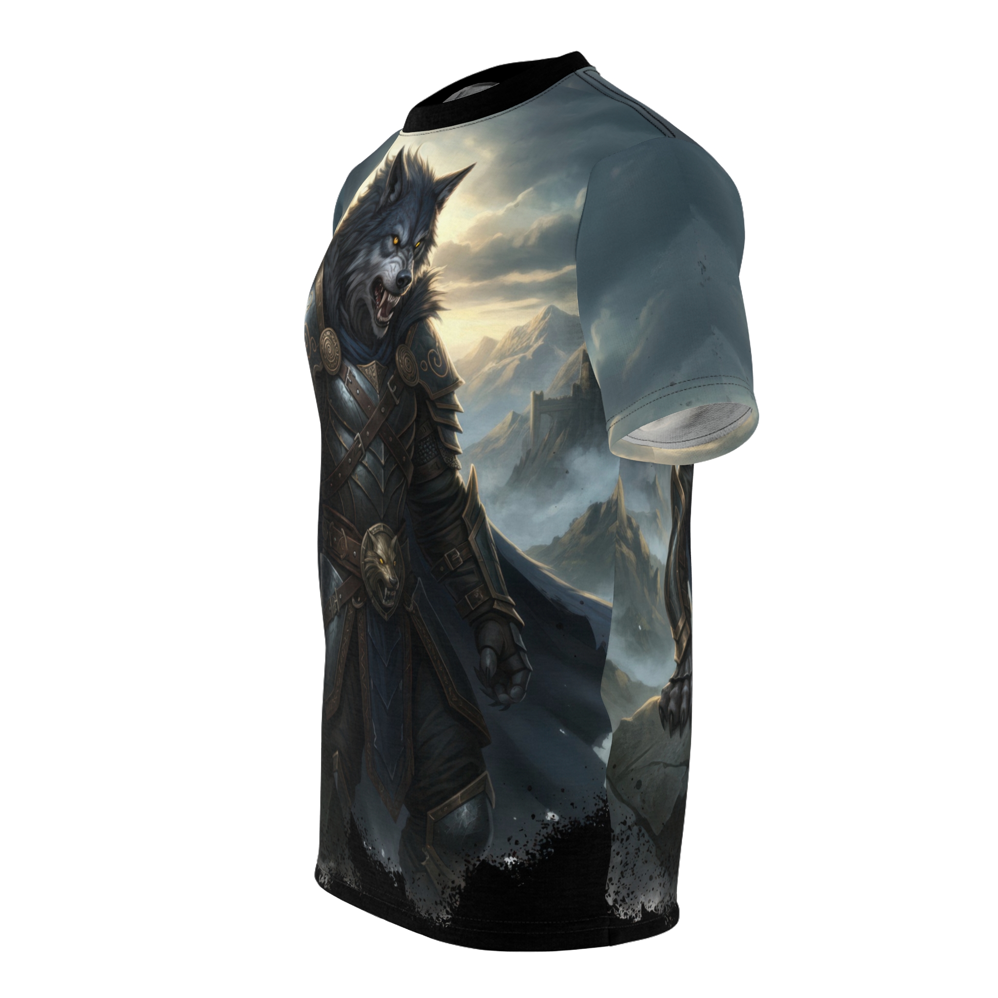 Stormy skies over misty mountains behind a fierce werewolf in armor, all over print t-shirt.