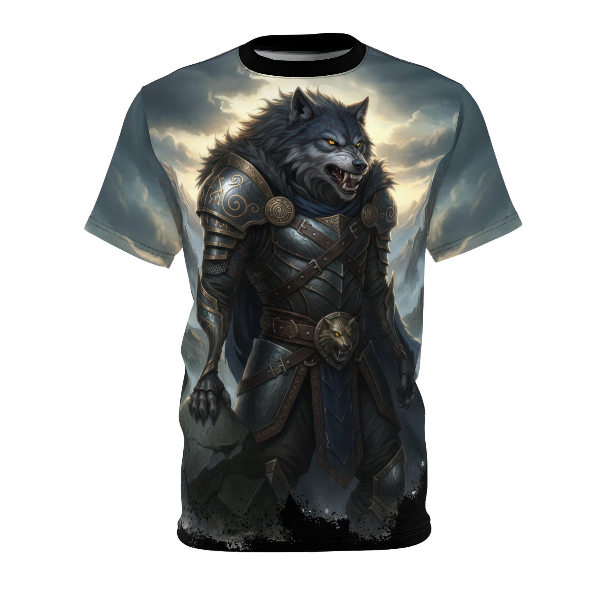 Grey and blue cloudy sky behind a fierce werewolf in dark armor. This all over print t-shirt shows a fantasy warrior.