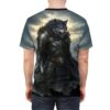 Dark grey and gold armored wolf with yellow eyes on a mountain backdrop, an all over print t-shirt.