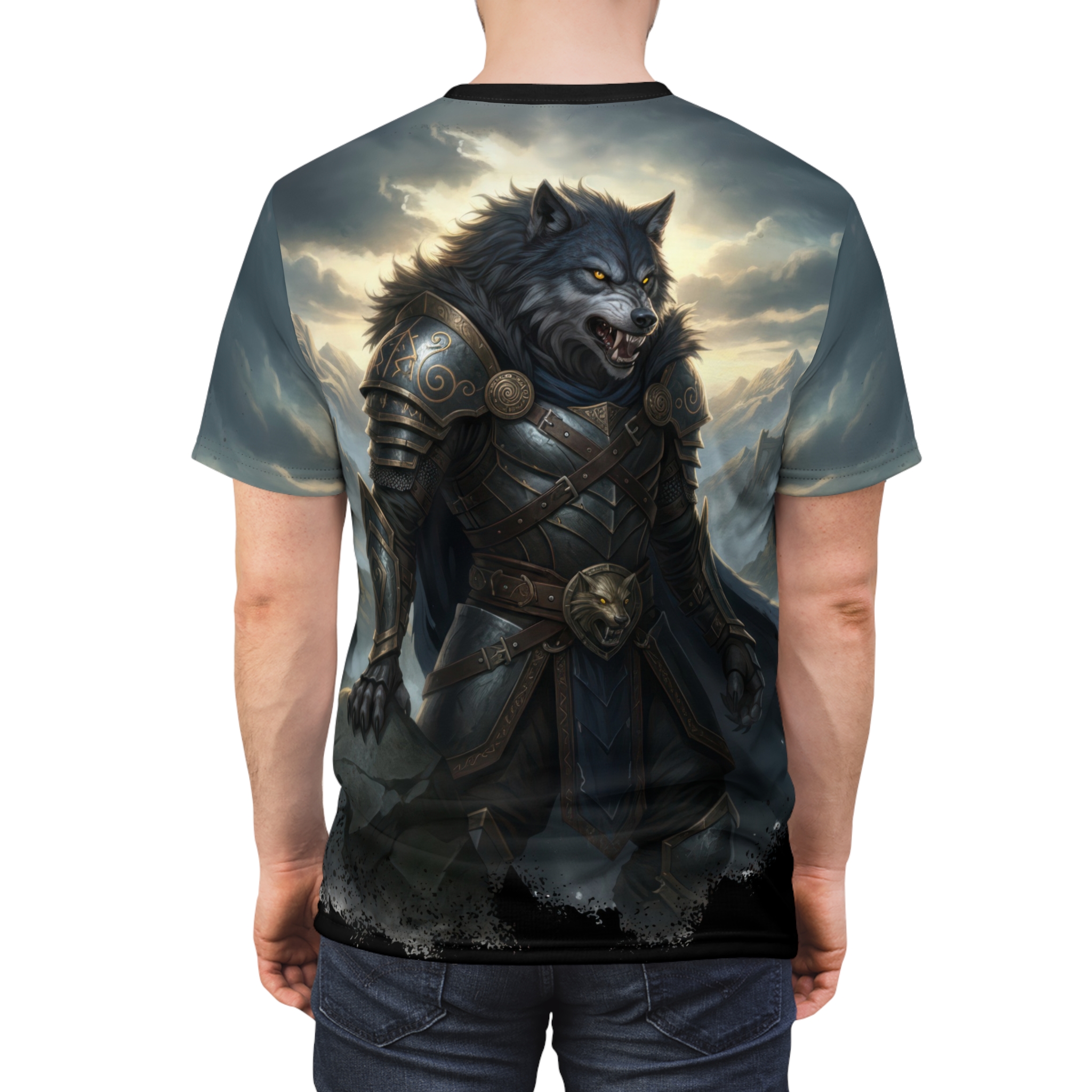 Dark grey and gold armored wolf with yellow eyes on a mountain backdrop, an all over print t-shirt.