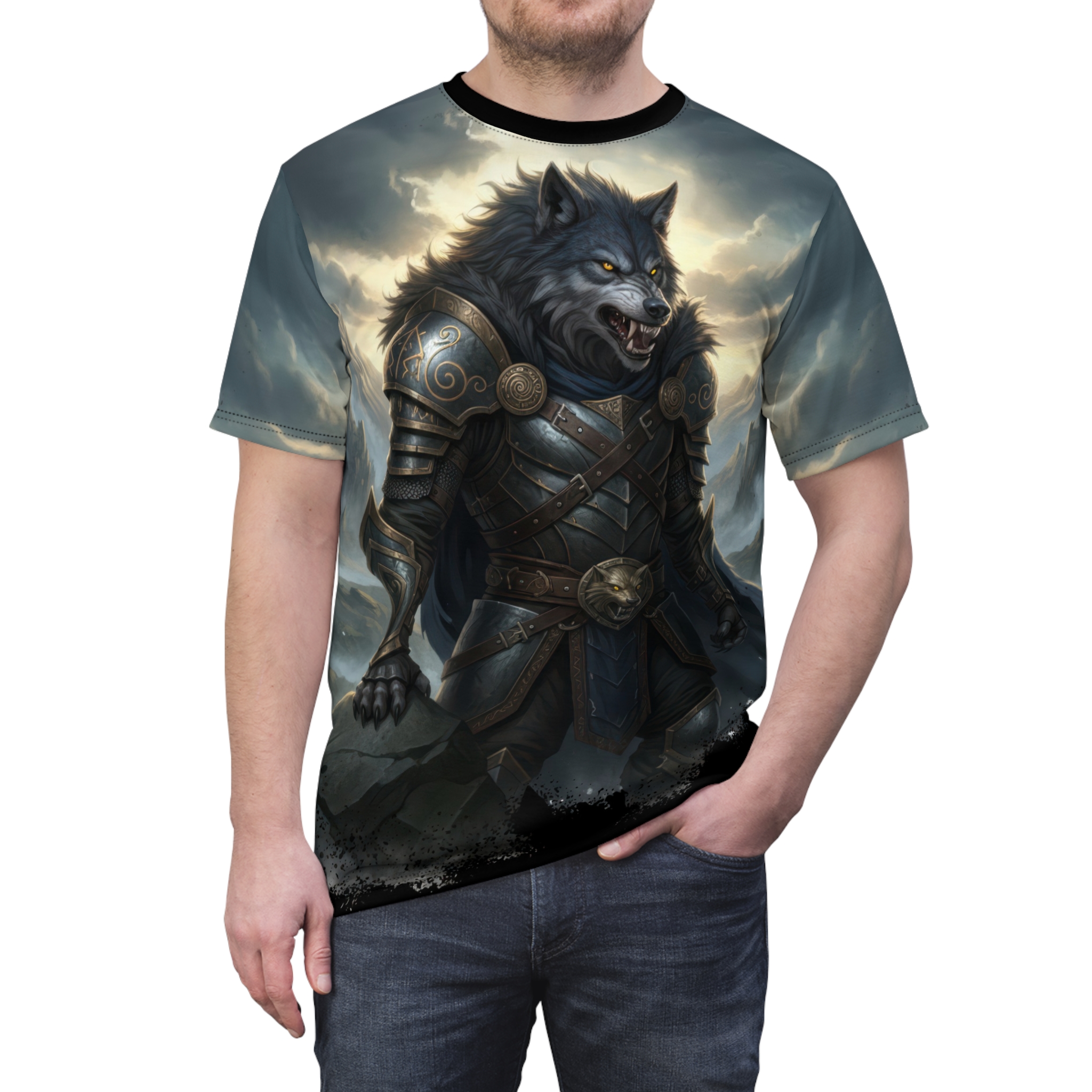 Dark grey armored wolf with golden accents stands against a stormy sky backdrop, an all over print t-shirt.