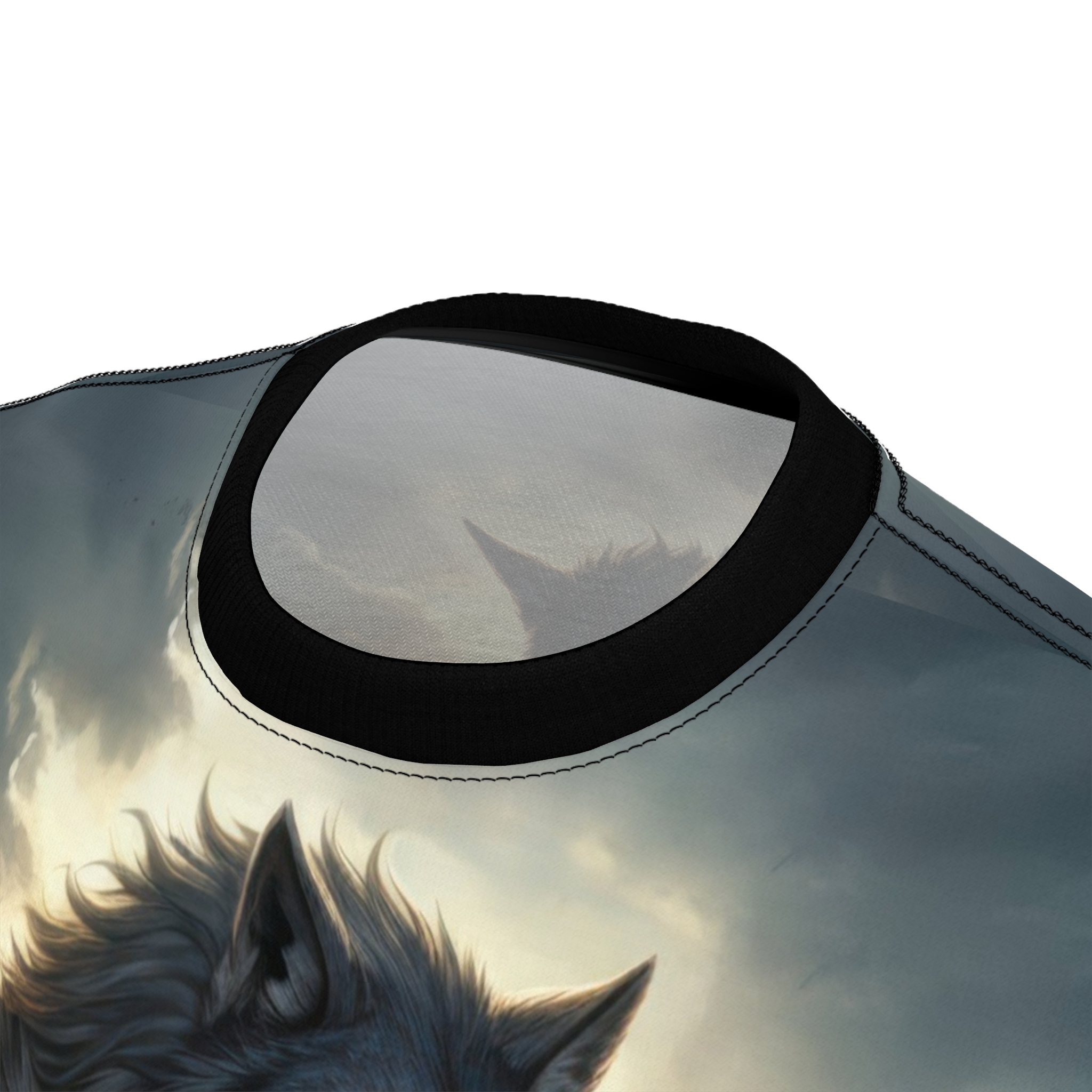 Grey wolf's head and stormy skies cover this all over print t-shirt.