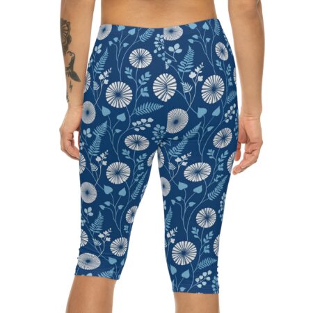 Sleek Blue Floral Capri Leggings - Navy Botanical Print Women’s – breathable activewear capri leggings - Detail View 2