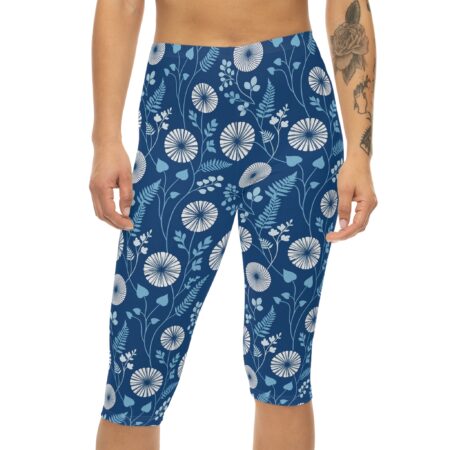 Vibrant Blue Floral Capri Leggings - Navy Botanical Print Women’s – high-waisted all-over design leggings - Main View