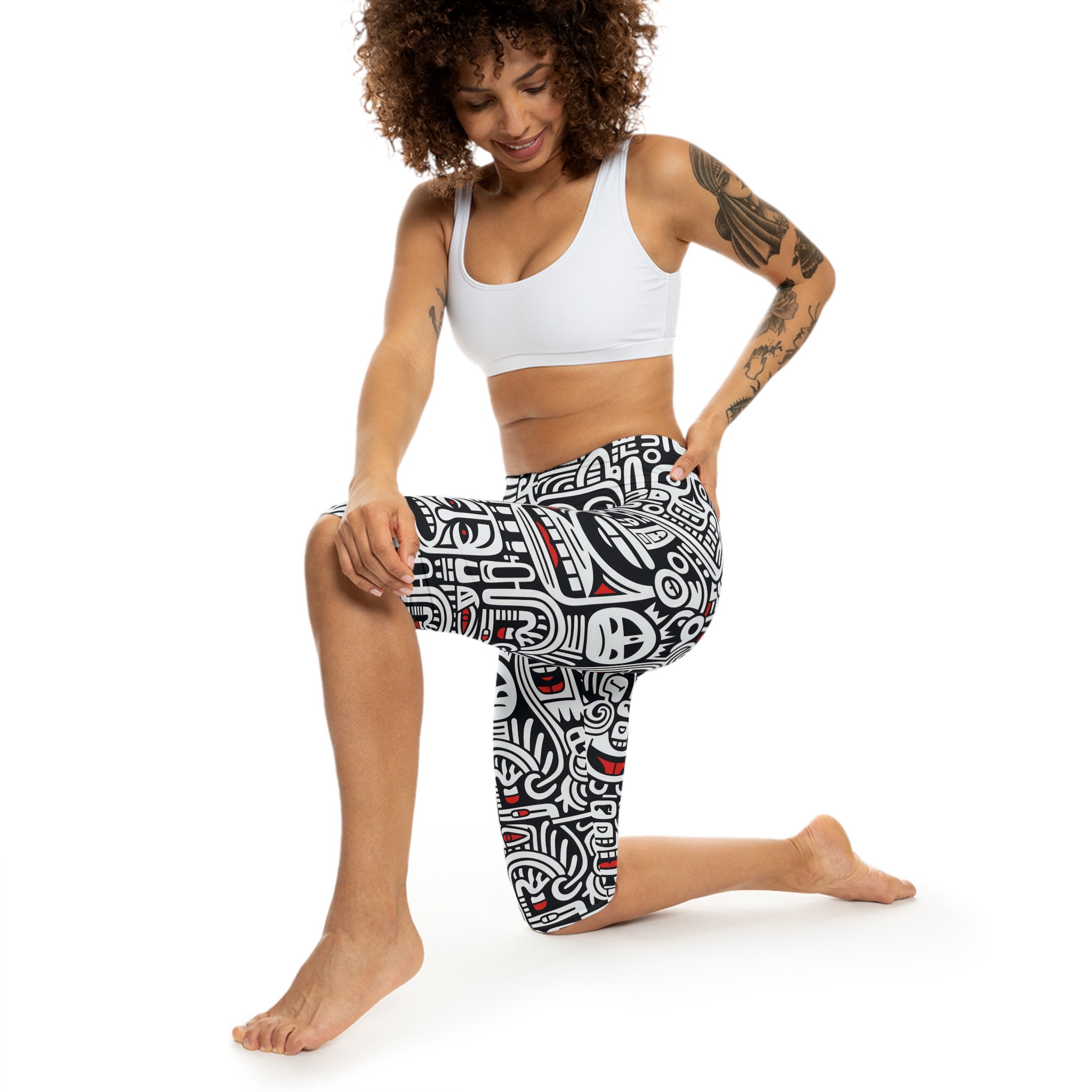 Stylish Capri Leggings - Bold Black / White Tribal Faces All Over Print – soft and flexible women’s capri leggings - Detail View 3