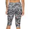 Stylish Capri Leggings - Bold Black / White Tribal Faces All Over Print – soft and flexible women’s capri leggings - Detail View 2
