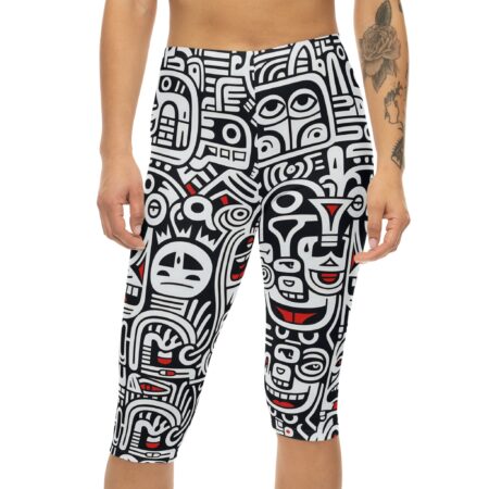 Comfortable Capri Leggings - Bold Black / White Tribal Faces All Over Print – flattering capri-length all-over print leggings - Main View