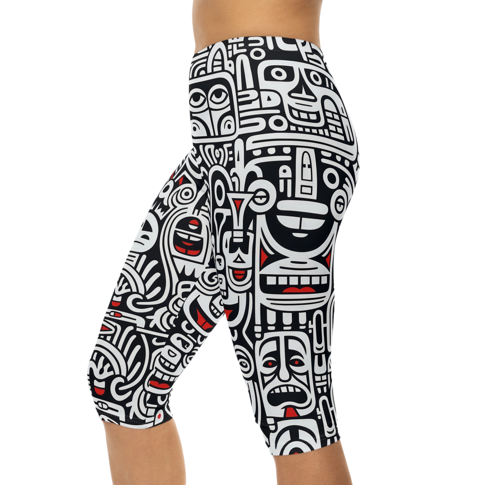 Vibrant Capri Leggings - Bold Black / White Tribal Faces All Over Print – high-waisted all-over design leggings - Detail View 5