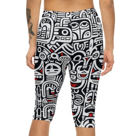 Vibrant Capri Leggings — Bold Black & White Tribal Faces All-Over Print – high-waisted all-over design leggings