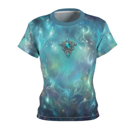 All over print sublimation tee with a celestial nebula and gemstone design. Features vibrant blue and green cosmic clouds with glowing accents and vine graphics.