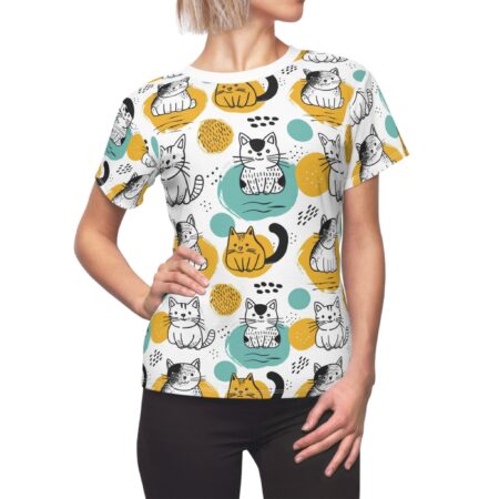 White all over print sublimation tee with a fun doodle pattern of cats, yellow and teal abstract shapes, and black accents.