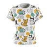 Cute cartoon cat sublimation tee with all over print featuring abstract shapes and doodle-style elements in yellow, teal, and black.