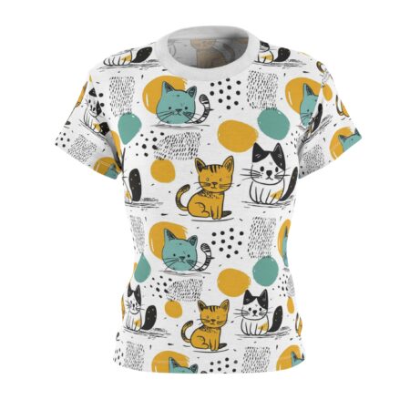 Cute cartoon cat sublimation tee with all over print featuring abstract shapes and doodle-style elements in yellow, teal, and black.