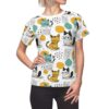 Cute cat all over print sublimation tee with a playful kawaii kitten pattern, featuring yellow, teal, and black abstract shapes.