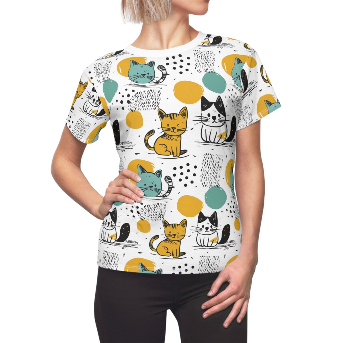 Cute cat all over print sublimation tee with a playful kawaii kitten pattern, featuring yellow, teal, and black abstract shapes.