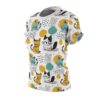 Cute cartoon cats in yellow, teal, and black on a white all over print sublimation tee with abstract shapes and dots.