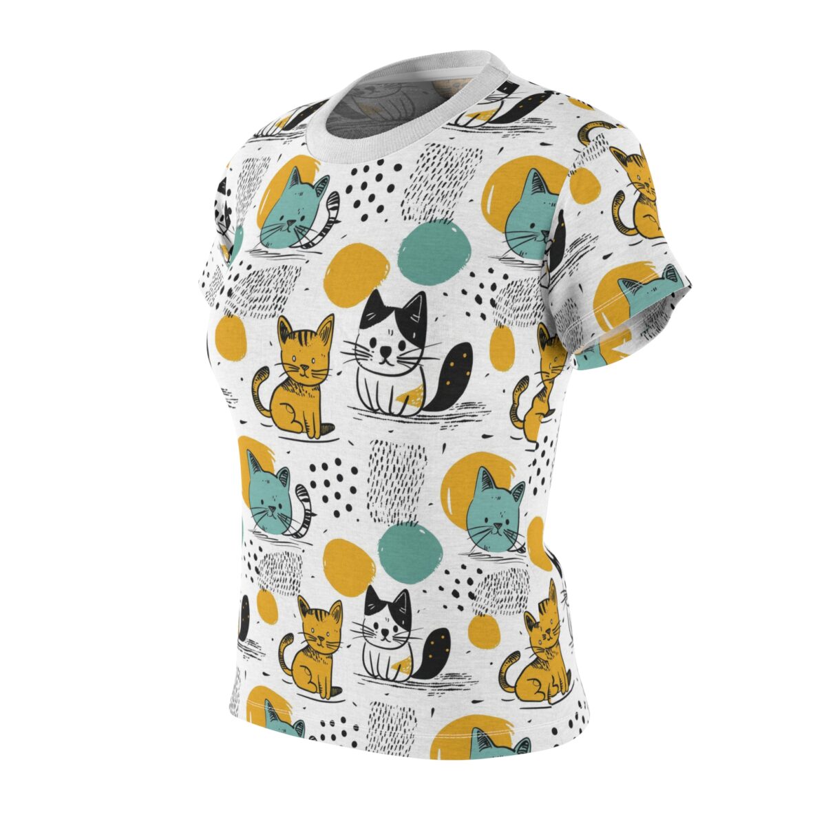 Cute cartoon cats in yellow, teal, and black on a white all over print sublimation tee with abstract shapes and dots.