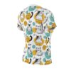 All over print t-shirt featuring a fun, hand-drawn pattern of cats in various poses with abstract yellow and teal shapes.