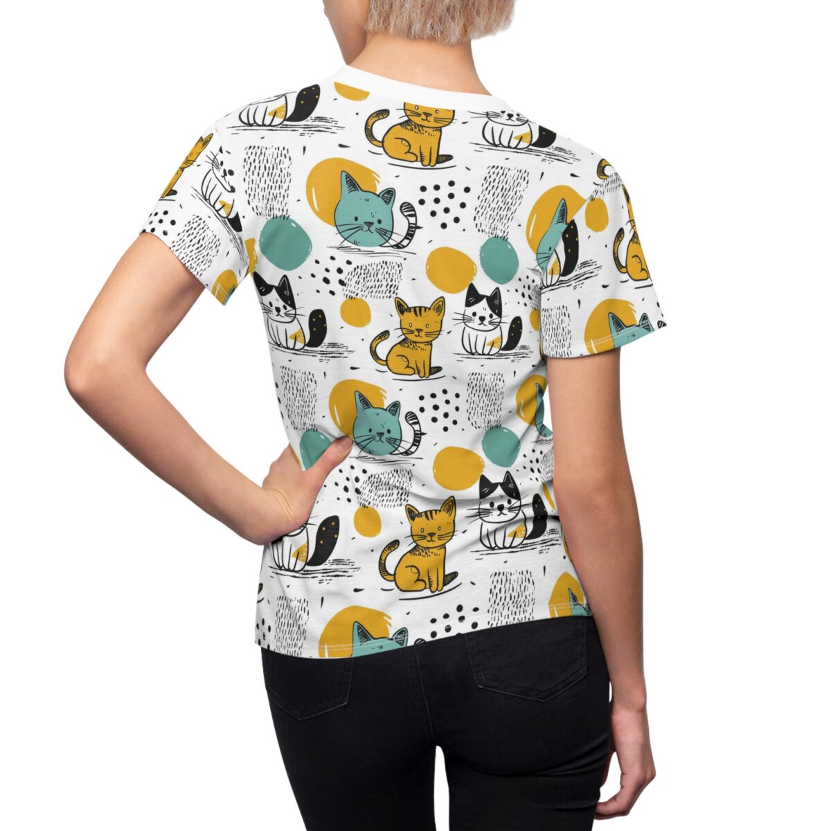 Cute cat graphic all over print sublimation tee featuring cartoon felines and abstract shapes in a seamless repeat pattern.