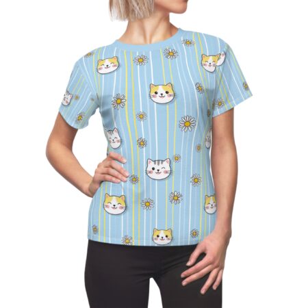 All over print sublimation tee with cute cat faces and daisy flowers on a blue striped background. Seamless wrap around graphic design.
