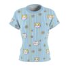 Blue all over print t-shirt featuring cute cartoon cat faces and white daisies on a striped background.