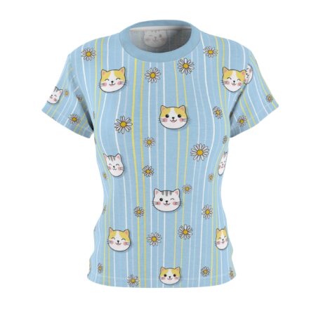 Blue all over print t-shirt featuring cute cartoon cat faces and white daisies on a striped background.