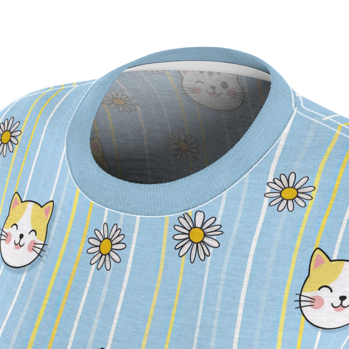 Light blue t-shirt with a seamless print of cute cats and daisies on a white and yellow striped background.
