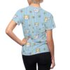 Cute kawaii cat and daisy all over print sublimation tee with blue and white stripes.