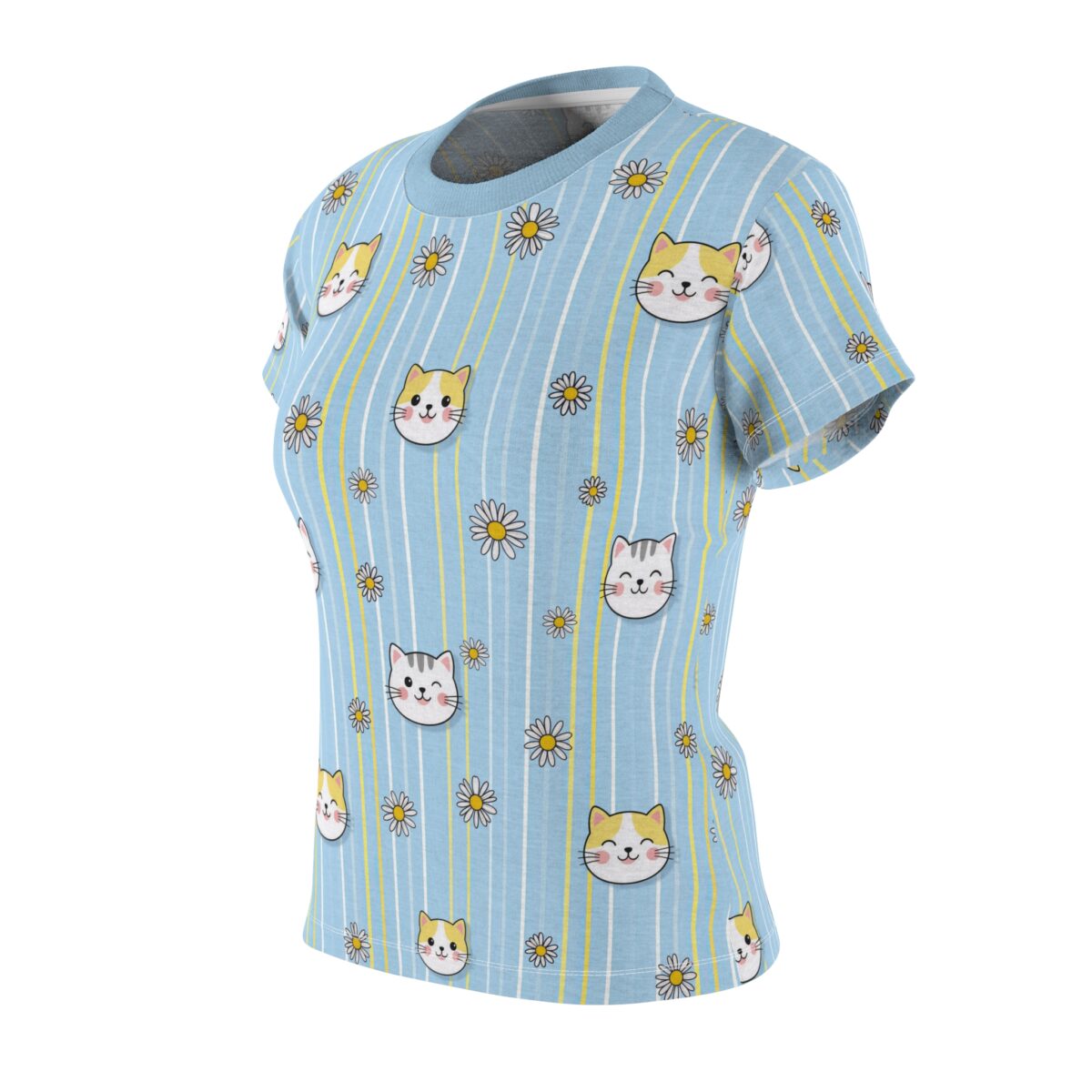 Light blue t-shirt with a seamless all over print of cute cat faces and daisies on vertical white and yellow stripes.