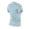 Blue all over print t-shirt with cute cat faces and white daisies on vertical yellow and white stripes.