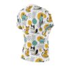 Cute cat all over print sublimation tee featuring yellow, teal, and black illustrated cats with abstract shapes.