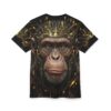 Realistic chimp face with golden circuit board accents covers this all over print t-shirt.