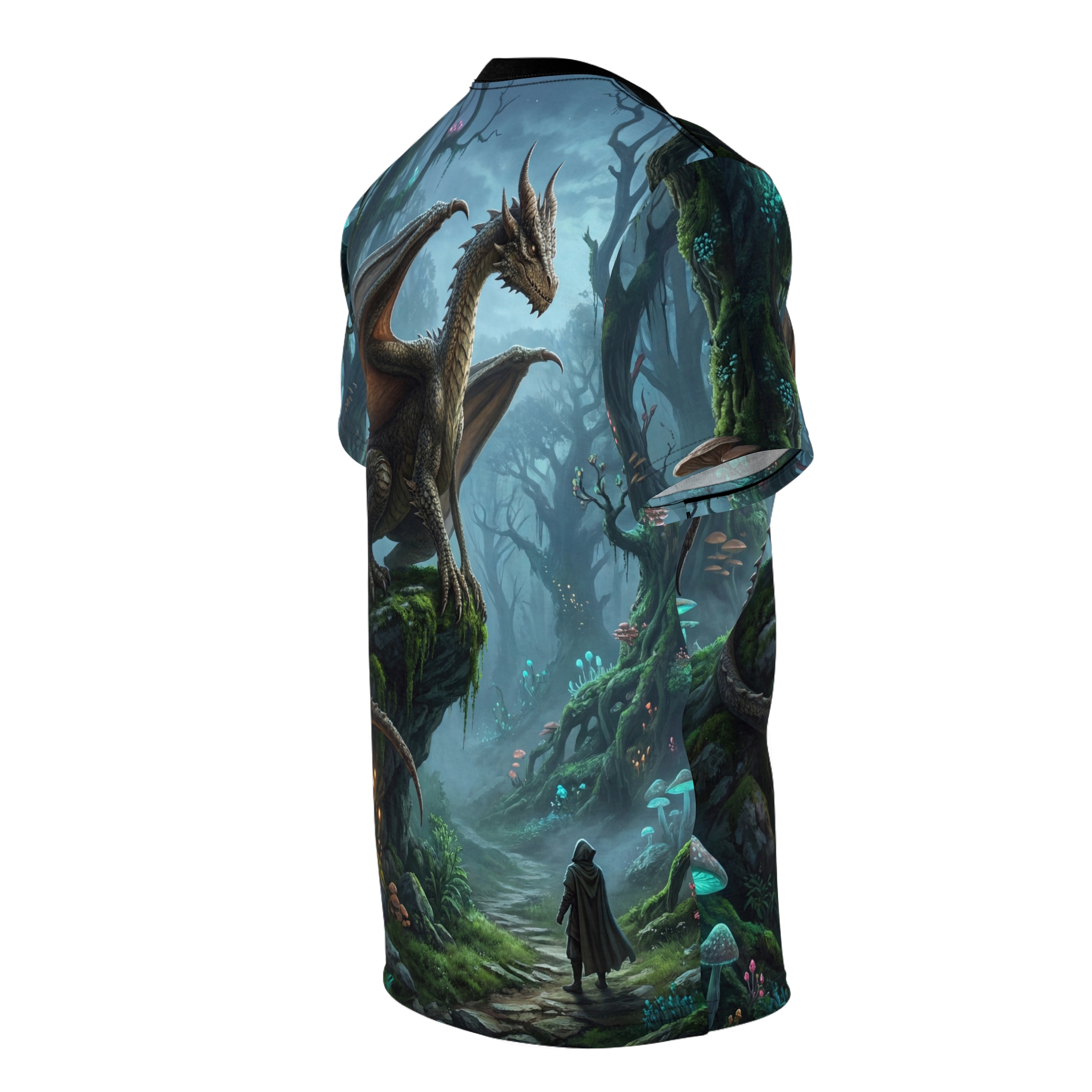 Immersive fantasy dragons and enchanted forests wrap around the entire garment through an all-over print that seamlessly covers every inch of this t-shirt.