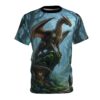 A mystical forest scene with a dragon perched on a mossy rock, glowing mushrooms, and a hooded figure. This is an all over print t-shirt.