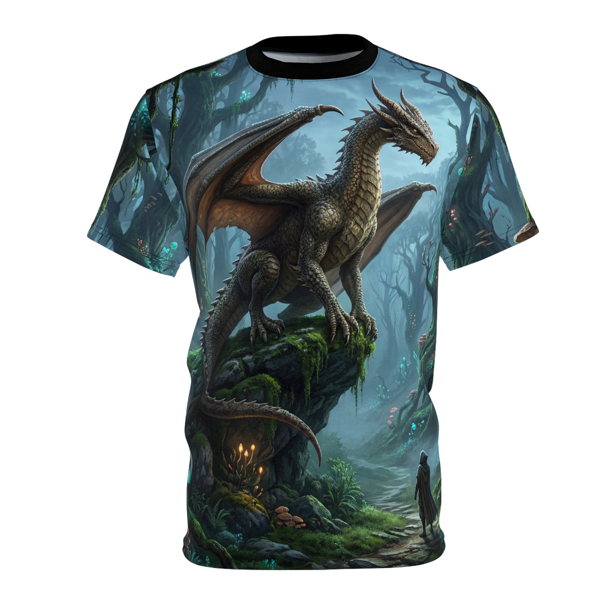 A mystical forest scene with a dragon perched on a mossy rock, glowing mushrooms, and a hooded figure. This is an all over print t-shirt.