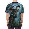 A majestic dragon perches on mossy rocks in a mystical, glowing forest. This all over print t-shirt depicts an enchanted landscape.