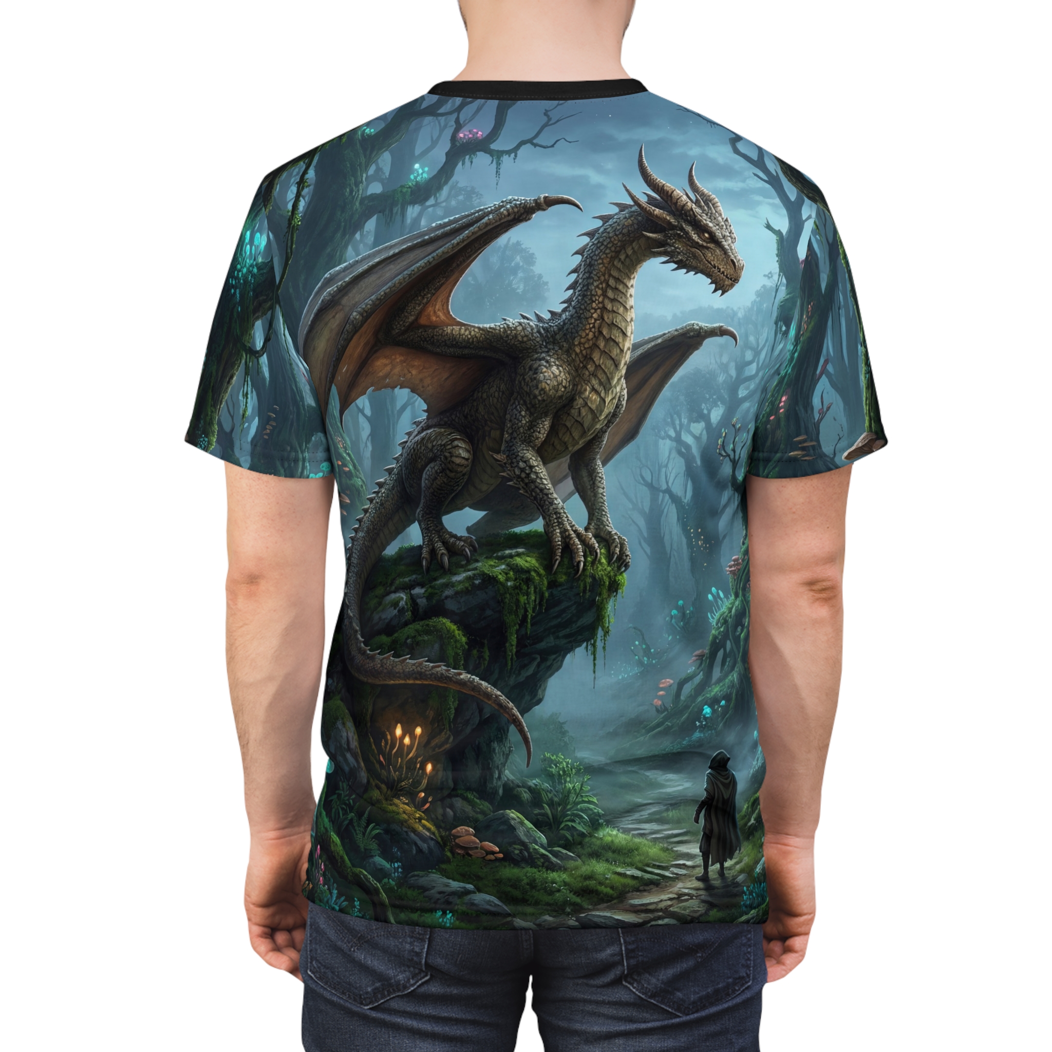 A majestic dragon perches on mossy rocks in a mystical, glowing forest. This all over print t-shirt depicts an enchanted landscape.