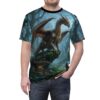 A dragon perches on a mossy rock in a misty, enchanted forest, detailed all over print t-shirt.