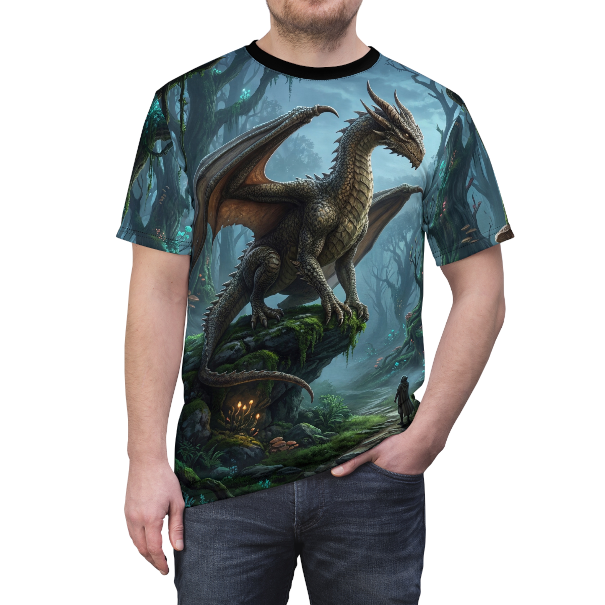 A dragon perches on a mossy rock in a misty, enchanted forest, detailed all over print t-shirt.