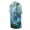 Shimmering blue crystals and a fairy queen adorn this all over print t-shirt, set in a mystical forest.